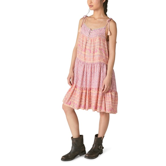 Lucky Brand Boho Midi Dress Woman’s Size Mixed Floral Print Pink Lavender NWT - Picture 2 of 14